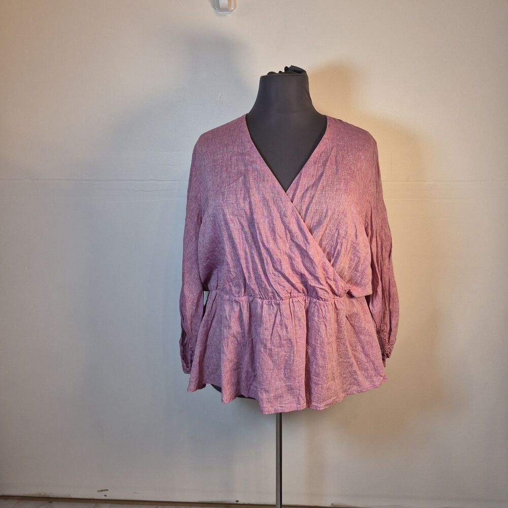 Lane Bryant Women's Linen Blend Blouse Size 26 Faux Wrap Long Sleeve